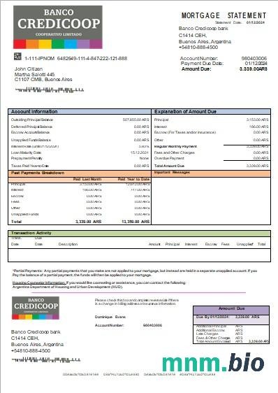 Argentyna Bank Credicoop wyciąg z kredytu hipotecznego szablon Word i PDF